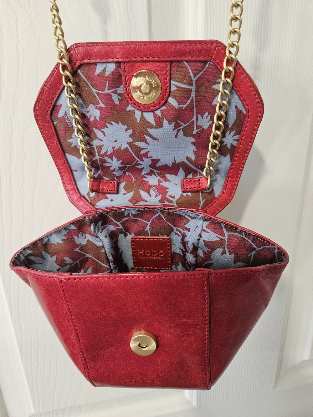 Hobo Red Leather Hexagon Crossbody Bag with Gold Chain